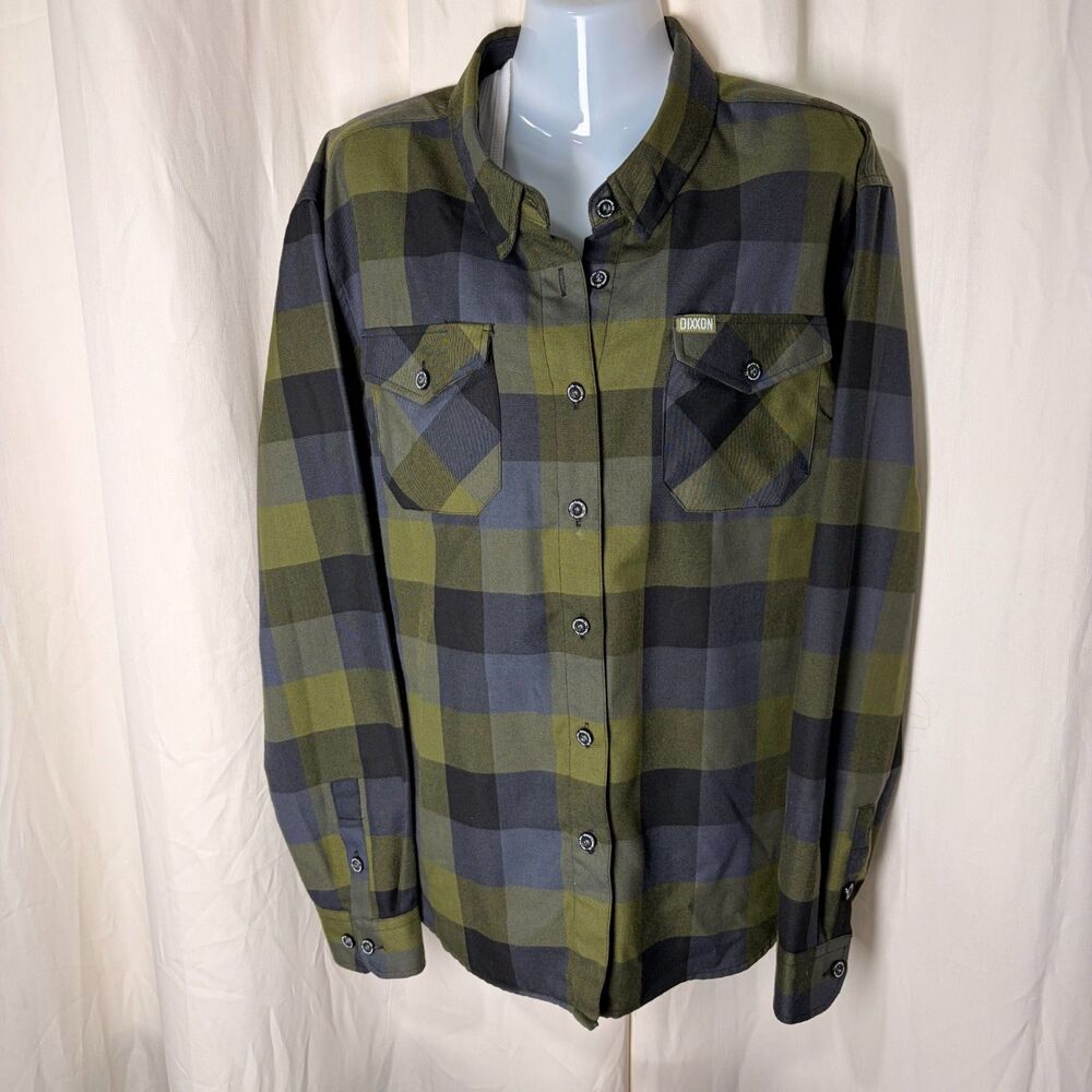 Dixxon Flannel The Patton Womens XL Olive Green Gray Plaid D-Tech Snap Button